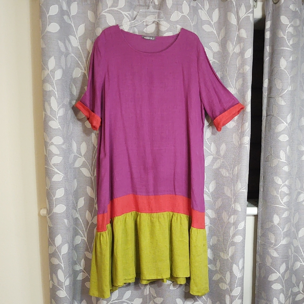 Alembika Women's Midi Color Block Tiered Linen Dress